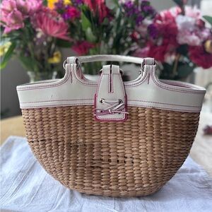 Coach Butterfly Embellished Straw Tote With White Leather Trim *damaged